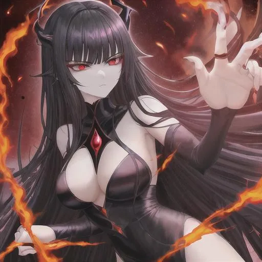 Prompt: Dark Aura, Long Black_Hair, Glaring Red_Eyes, Princess of Adultery, Demon of All Power, Fire Woman, True Energy of Power