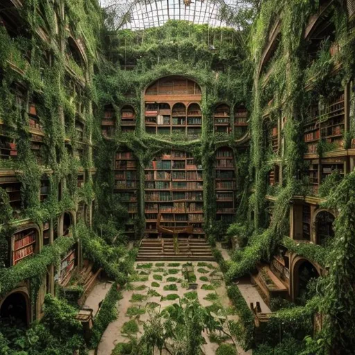 Prompt: Giant old grand library filled with bookcases overgrown with vines, plants, and flowers
