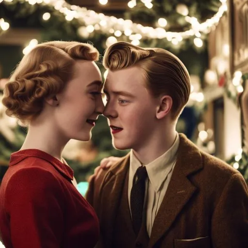 Prompt: Saoirse Ronan and Jack Lowden as a 1950s era couple celebrating Christmas together.