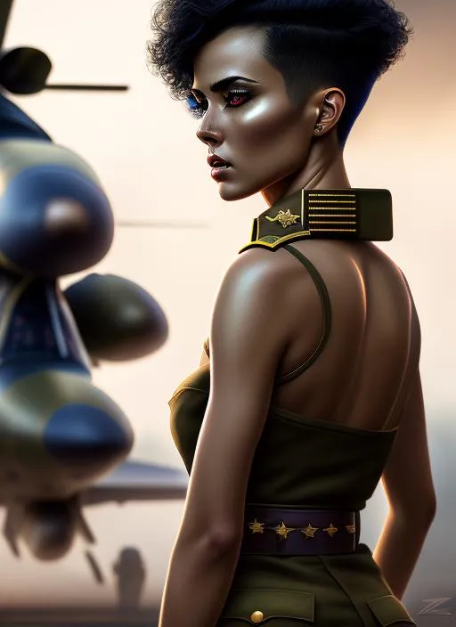 Prompt: Portrait woman in the military uniform, short hair, intricate character portrait, Realistic skin, full perfect body, sensually, skiny, futuristic, illustration in the style of Greg Rutkowski and Helena Nikulina, artstation, shoulder angle shoot, photorealism, fashion, The light comes from behind the model, cinematic atmosphere, 8K