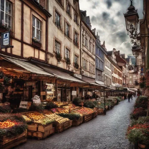 Prompt: european market street, photography, beautiful scenery