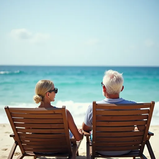 Prompt: photo portrait d'un couple de retraités allongés sur des transat au bord de la mer