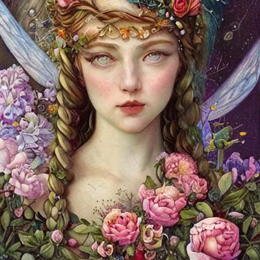 Prompt: renaissance painting of a beautiful young fairy in the style of jennifer healey, long braided hair, close up of face, dressed in roman armour, a beautiful garden with roses and peonies everywhere, ultra detailed, art by daniel merriam, jennifer healy style