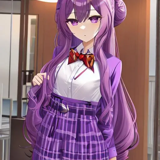 Prompt: purple wavy hair in buns, dressed like a doll, in a fancy office, feminine boy, flat chest, male1