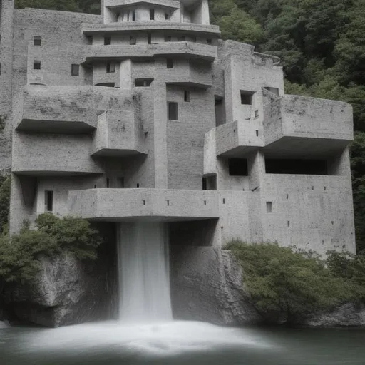 Prompt: a castle on the edge of a waterfall, brutalist architecture