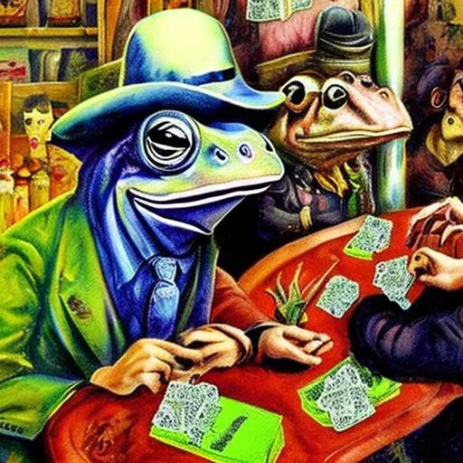 Prompt: frogs and pigs plays cards and smoking fat cigars in Post-Impressionism style