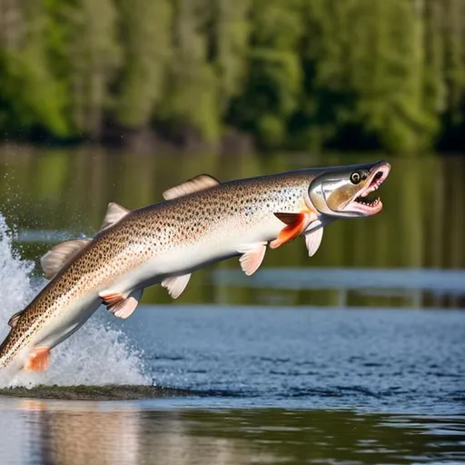Prompt: a sturgeon eating a trout while jumping. over water