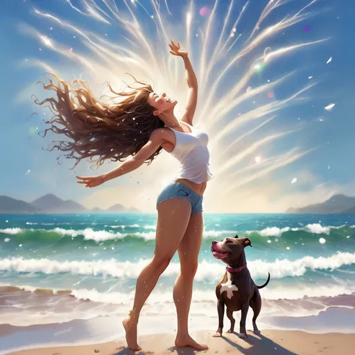 Prompt: a woman and pitbull terrier dog standing on the beach, legs apart, arms outstretched upwards to the sky. head tilted back. Hair flying in the wind. Face is smiling. eyes are closed. Glitter flows out from her heart. up and out and falls like rain. roots grow down from her feet, deep into the earth.