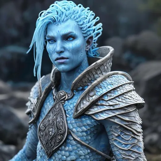 Prompt: male water genasi with blue skin and water hair cleric in scale mail armor casting a spell