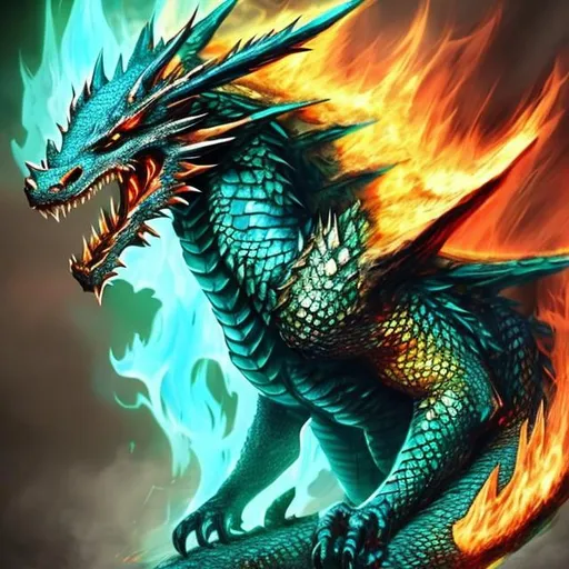 Prompt: Dragon with fire skin and blue amd green fire breath