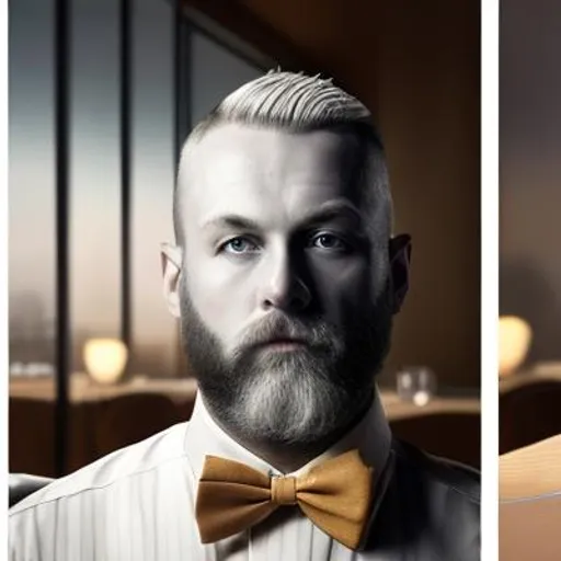 Prompt: Generate an image of a 34 year old skin fade hard part hair sandy blonde trimmed beard Michelin food critic in their element – sitting at a beautifully set table in a high-end restaurant, attentively sampling a dish, and capturing their intense focus on evaluating the flavors, textures, and overall dining experience. The critic should exude an air of discernment, with an aura of refined taste and sophistication that reflects their status as a Michelin reviewer.