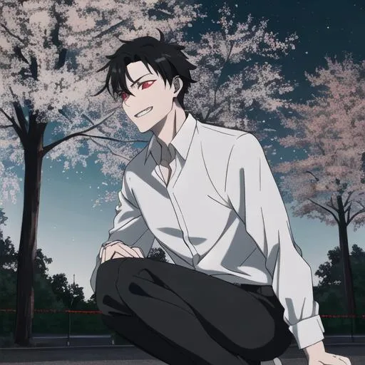 Prompt: Damien (male, short black hair, red eyes) in the park at night, grinning sadistically, casual outfit, dark out, nighttime, midnight, on his knees, screaming