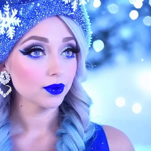 Prompt: Ice Queen Kayleigh McEnany, Elsa, eating blue ice cream in winter,   blue lipstick, Large frozen Ball Gown, pleasant face, blue eyes, Black-purple eyeshadow, Sugar Hat, extremely large ice earrings. Wide Blue heart necklaces, Cold color scheme, snowing, Wind trails ultradetailed, 8k resolution, perfect, smooth, high quality, shiny. 