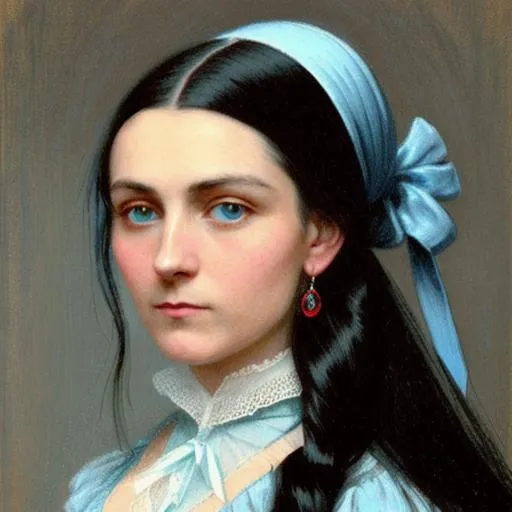 Prompt: portrait of a beautiful Victorian woman with long black hair and light blue eyes wearing a red corsett