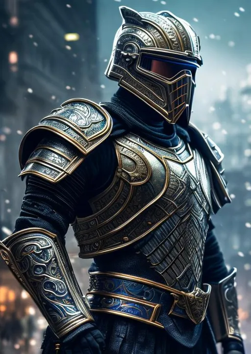 Prompt: long shot super detailed lifelike illustration, intricately detailed, dramatic lighting, soldier in a blue and black full metal armor without weapons, gorgeous detailed helmet,  

masterpiece photographic real digital ultra realistic hyperdetailed,  

iridescent reflection, cinematic light,

volumetric lighting maximalist photo illustration 4k, resolution high res intricately detailed complex,

soft focus, digital painting, oil painting, clean art, professional, colorful, rich deep color, concept art, CGI winning award, UHD, HDR, 8K, RPG, UHD render, HDR render, 3D render cinema 4D