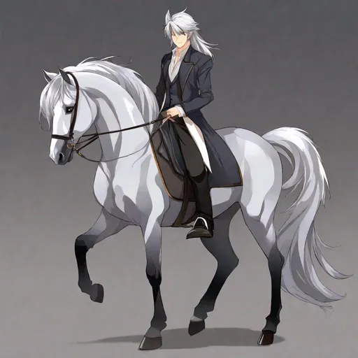 Prompt: Your OC is a little mangled horse, with gentle ash-gray eyes. He has long grey hair. Masculine