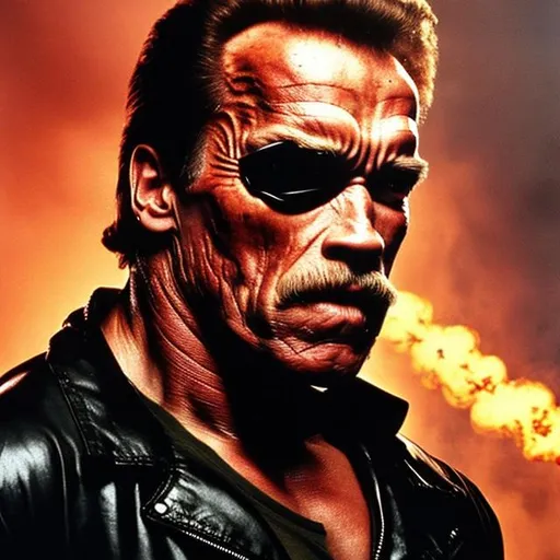 Prompt: arnold schwarzenegger with a thick mustache as the terminator with a thick mustache and a red electronic eye.

