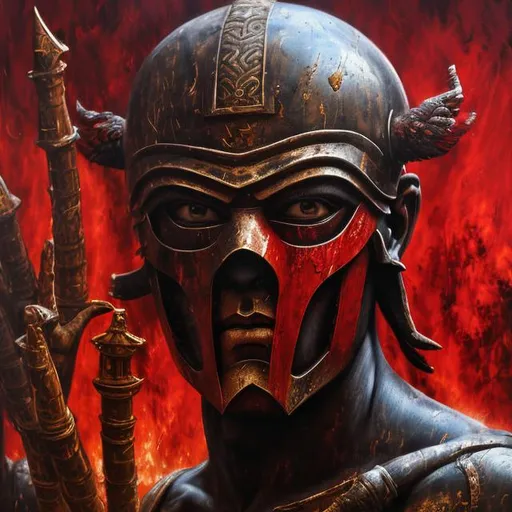 Prompt: war as a male god with a red mask covering his face
realistic dark oil painting, 8k, many details