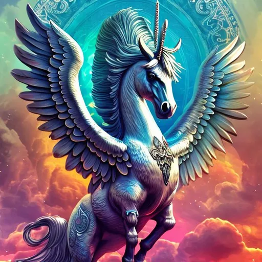 Prompt: Pegasus theme, Rainbow, High Details, HD, boho theme, ornate border frame, flavor text mtg, , elaborate, symmetrical, trending on artstation, rainbow illustration, 8k