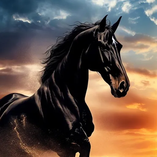 Prompt: Graceful Strength - Witness the mesmerizing beauty of a majestic ((black horse head)) skies. Lighting: Golden hour radiance blending with the blue hues. Mood: Regal and serene.