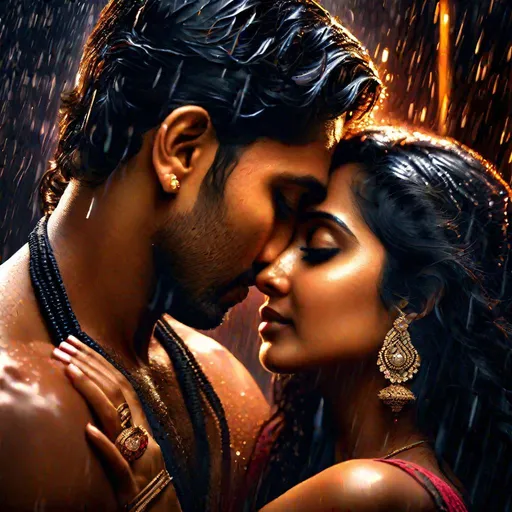 Prompt: Hyperrealistic hyperdetailed HDR photograph in dramatic bright lighting of couple enacting a poster for movie 'Ashiqui 2', passionate embrace, like intimacy, bikini, bindi & mangalsutra, wet, zoomed out, focused on detailed facial expression 