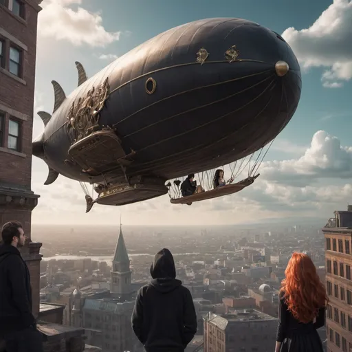 Prompt: Zechariah in the black hoody and the beautiful hot mermaid get into her airship and fly over the city