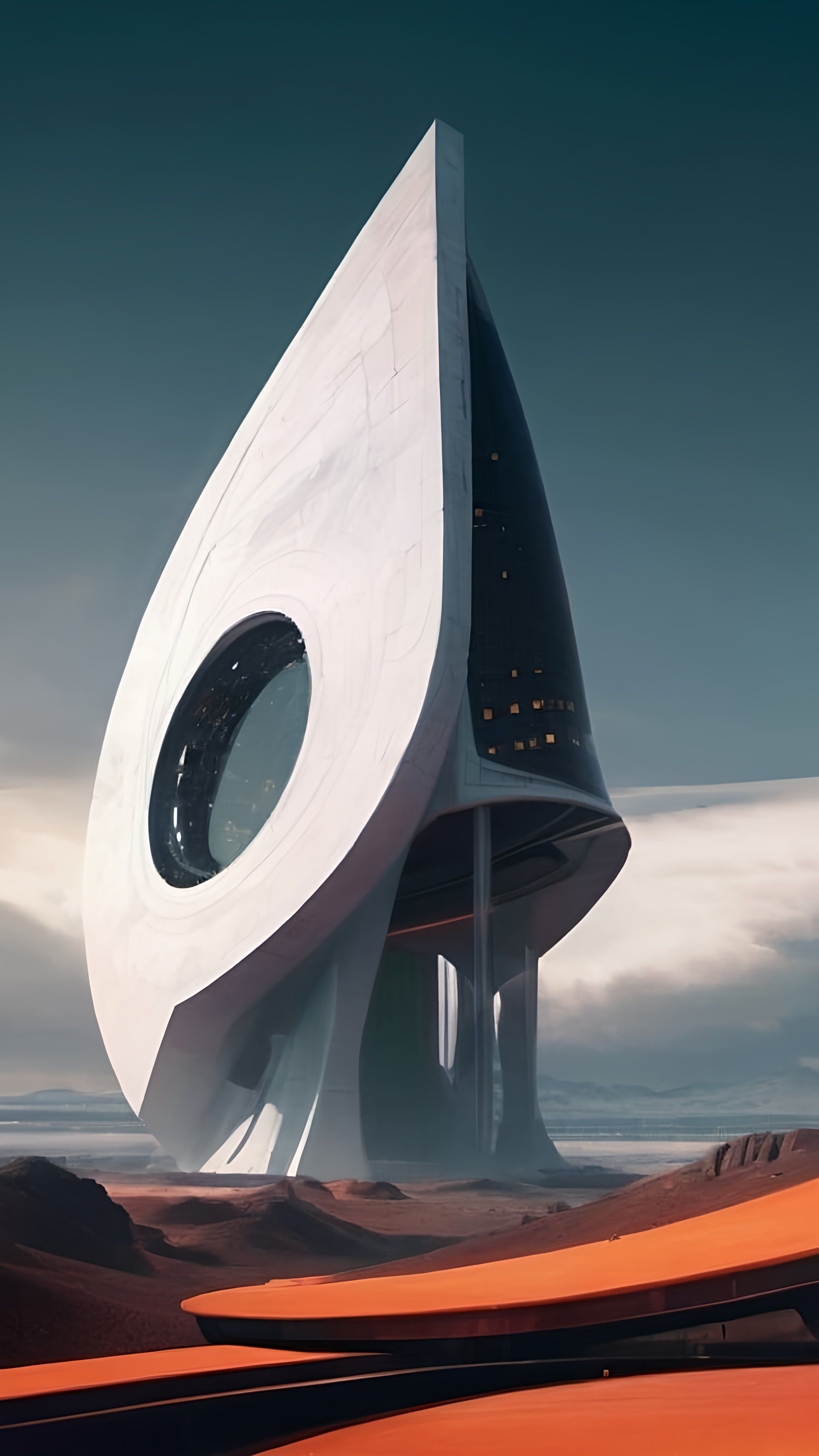 Prompt: a futuristic building with a large circular window in the middle of it's roof and a sky background, concept art