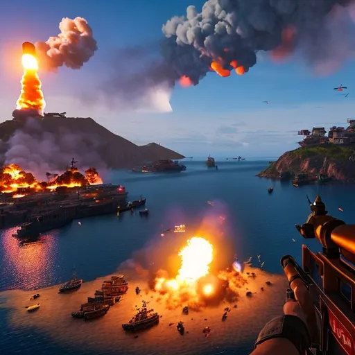 Prompt: Last island of survival, in harbor, soldiers in fight. Explosion and hand bomb.