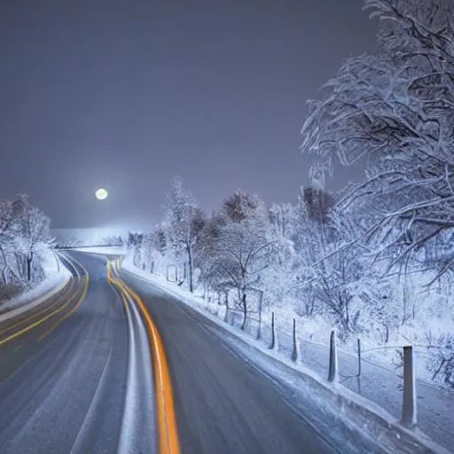 Prompt: Snowy night on the road with full moon
