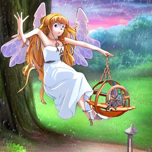 Prompt: Princess Æterna ( the perfect angelic anime fairy) Sings on the swingset to her beloved mountain as it slightly rains in the sunset