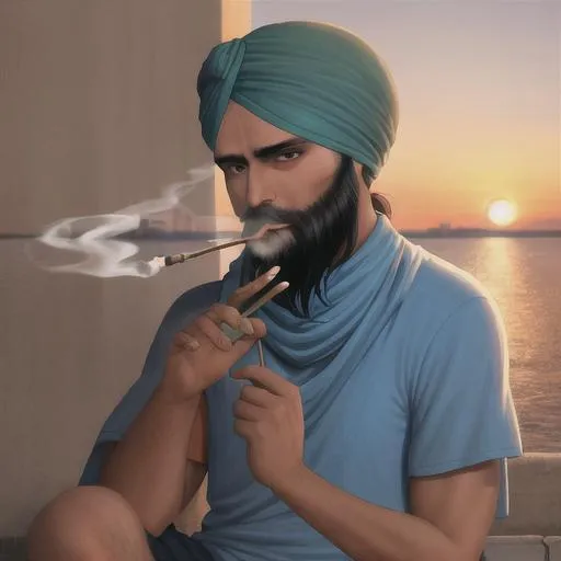 Prompt: Sikh man smoking joint in the sunset, hd, hyperrealism