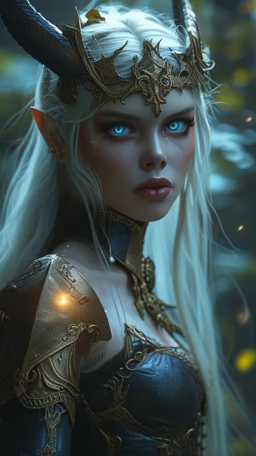 Prompt: Full depiction of a (unaturally beautiful elf woman) Valkyrie character, wearing a (long flowing gown with intricate lace details) and (high heel armored boots), in a dark haunted forest, intense blue eyes of the highest detail, dark shadows enhance her elegance, hopeful ambiance, highly detailed features, (HD) quality, magical atmosphere, magical illumination, surrounding in the air, subtle gold illuminations in the dark forest