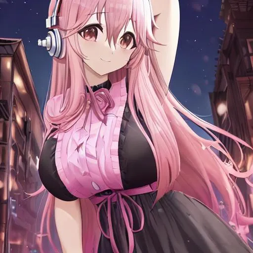 Prompt: Super Sonico wearing a black gothic dress
pink hair  
hands behind her back 
learning forward
She is happy and it is nighttime and she is outside