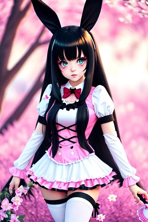 Prompt: A Emo  young women in a cosplay dressed in a mischievous inviting Lolita bunny outfit ,  ((full body,))with long  hair, with white thighs highs,painting himself toy, standing character, soft smooth lighting, soft pastel colors, skottie young, in a spring time background 3d blender render, polycount, modular constructivism, pop surrealism, physically based rendering, square image.photorealistic  3d blender trending on art station 