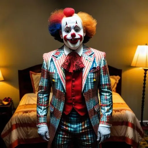 Prompt: A creepy clown is standing in the middle of an abandoned hotel room. He has a sinister smile on his face, and his eyes are fixed on the viewer. The room is dimly lit, and the only light source is a flickering lamp on a nightstand. The clown is wearing a tattered and dirty clown suit, and his makeup is smeared and running down his face. The room is filled with debris and cobwebs, and there are broken windows with tattered curtains hanging from them in the background. The camera is positioned in a low angle, and the shot is a close-up of the clown's face. The image should have a gritty, horror movie aesthetic with a sense of foreboding. The camera used for the photograph is a Canon EOS 5D Mark IV, and the lens is a 50mm f/1.8