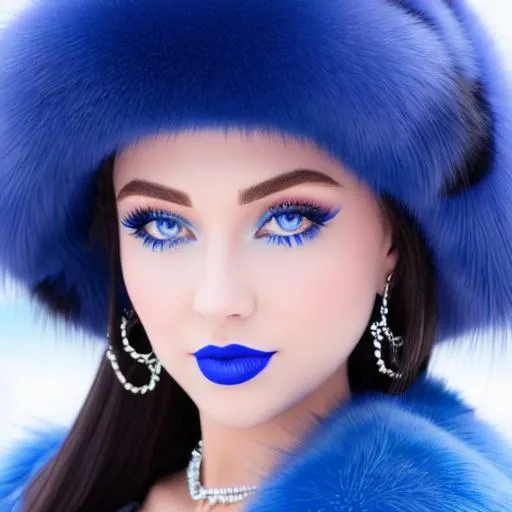 Prompt: Sofia Carson, soldier, blue lipstick, snowy beach, blue heart necklaces, Thick blue fur coat, Black Cape, pleasant face, blue eyes, Black-purple eyeshadow, long ice earrings. Cold color scheme, ultradetailed, 8k resolution, perfect, smooth, high quality, shiny. 
