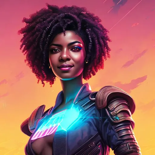 Prompt: attractive hot late-twenties african egyptian woman female, medium-brown skin, smile, men's spiked haircut, government uniform, synthwave futuristic tropical, portrait, realistic details, photorealistic, 8k render, cinematic lighting, ultra detailed