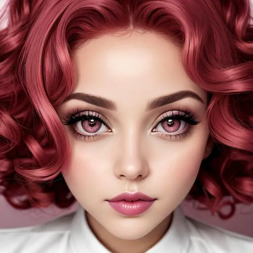 Prompt: woman with big  eyes and carmine lips, curly pink hair, lips, pink cheeks