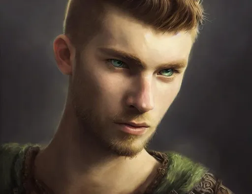 Prompt: Portrait of young viking rogue in his twenties with short dark blonde hair with a shaved haircut, fair skin, with green eyes, body thin, medieval fantasy , perfect composition, hyperrealistic, super detailed, 8k, high quality, trending art, trending on artstation, sharp focus, studio photo, intricate details, highly detailed, by greg rutkowski