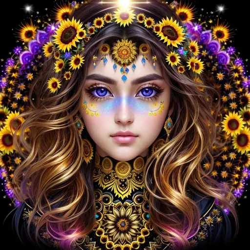 Prompt: dark, Epic, Beautiful, Plasma {Sunflower} gold silver black, big dreamy eyes, beautiful intricately-colored, symmetrical, Beautiful and Gorgeous, hyper realistic, expansive psychedelic background, hyper realistic, 64K --s99500