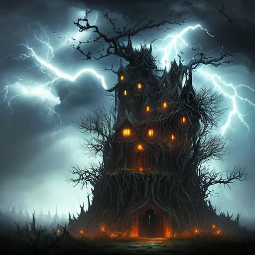 Prompt:  dark fantasy art style, thunder storm, nighttime, lightning, evil, nightmare, birds nest 