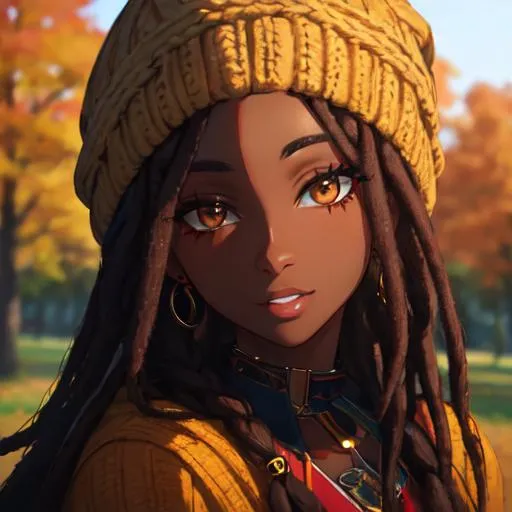 Prompt: Woman with dark skin, dreadlocks, warm autumn colors, facial closeup