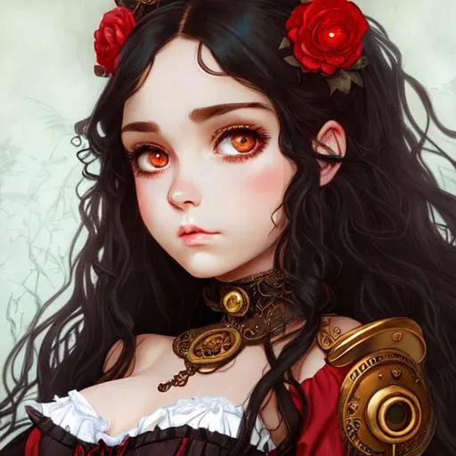 Prompt: detailed portrait beautiful girl big dreamy eyes. detailed face, long curly black hair, anime, mucha, steampunk. red corset
