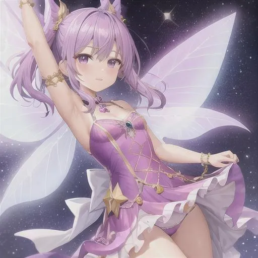 Prompt: Cute Fairy, Ornate Purple dress, Sparkles