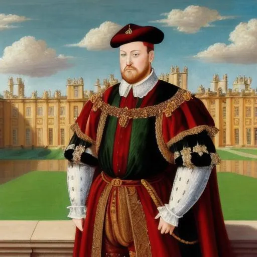 Prompt: A portrait of king Henry viii  standing regally in front of the Blenheim palace, Pixar render, 
Oil painting in the style of Marcus Gheeraerts the Younger