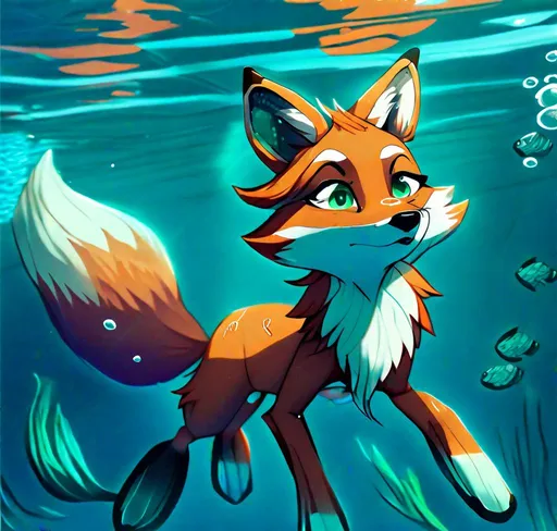 Prompt: Anthro furry fox swimming underwater