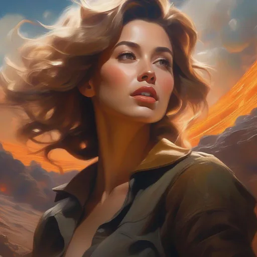 Prompt: close-up, Create a high-resolution head and shoulders painting of a planet-sized, gorgeous giantess bursting out of the Earth's crust. The scene should be intense and dramatic with cinematic lighting that highlights her stunning features. The artwork should be inspired by the styles of Norman Rockwell, Craig Mullins, and Ross Tran, and should be in 4K resolution. The focus should be on the giantess's face and upper body as she emerges from the planet, and the overall effect should be awe-inspiring and powerful.