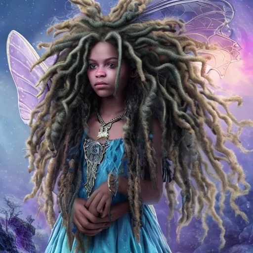 Prompt: Create fairy tale creatures with dreadlocks hair. Fairy colors. Outside, daylight. Furturistic. Science fiction. 64k. UHD, HDR. ((Masterpiece))