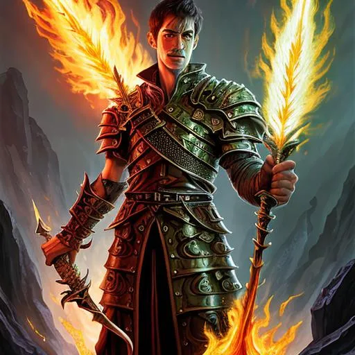 Prompt: a man that is standing in front of a dragon, flaming sword, inspired by Michael Komarck, arsen lupin as a paladin, molten, standing over a fallen foe, sparks of fire flying, alfric overguard, golgari findbroker, detailed image