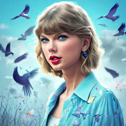 Prompt: generate me a Taylor Swift album cover concept with no words whatsoever on it as a redisign of her album cover for 1989, which features a portrait of taylor in light blue shirt with birds and white, an aesthetic true to her era of 1989. it must be highly realistic detailed, 4k HD , a detailed face with no words. it must be very light and must include she Has to have long hair, preferably in a braid. It has. To be very pastel